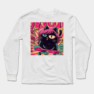 Pink Haired Black Cat Skater Girl Long Sleeve T-Shirt